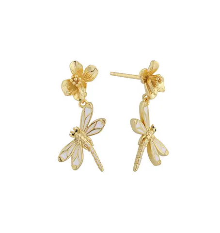 PLE08080 Brinco de prata de lei 925 com lib&eacute;lula e flor em esmalte