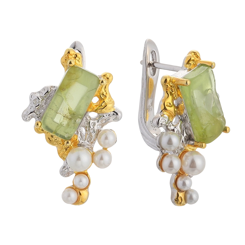 YE03598 Brinco artesanal em prata de lei 925 com zirc&ocirc;nia c&uacute;bica e peridoto