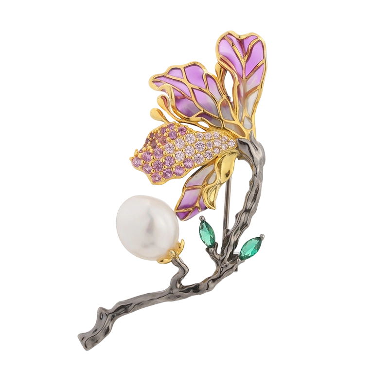 Broche C00496 em prata de lei 925 com p&eacute;rola, flor e esmalte