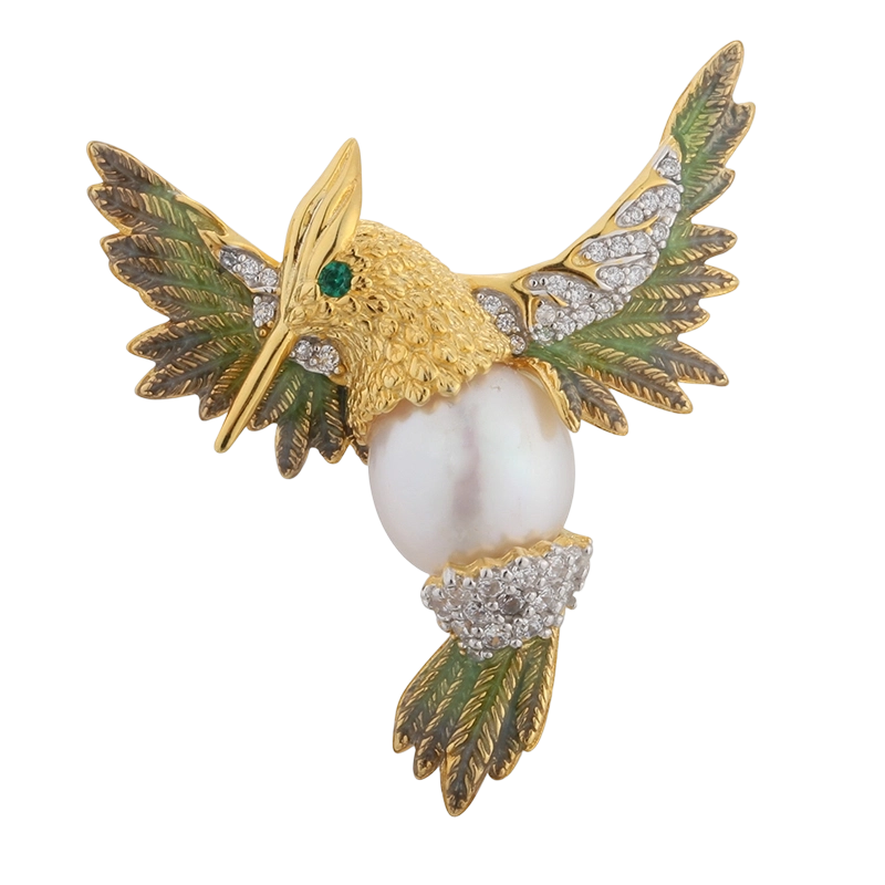Broche C00594 em prata de lei 925 com p&eacute;rola e esmalte em formato de p&aacute;ssaro