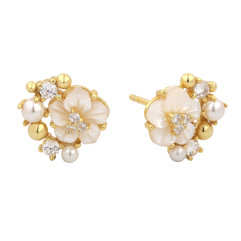 PLE08036 Brinco de Flor em Madrep&eacute;rola em Prata de Lei 925