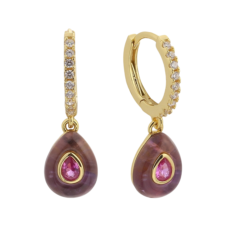 E08641A Brinco de Prata de Lei 925 com Zirc&ocirc;nia C&uacute;bica e Ametista