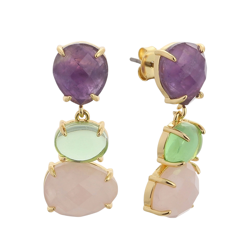 YE01766 Brinco de Prata de Lei 925 com Ametista e Quartzo Rosa