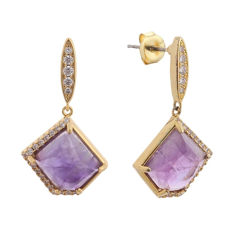 YE02004 Brinco de Prata de Lei 925 com Zirc&ocirc;nia C&uacute;bica e Ametista