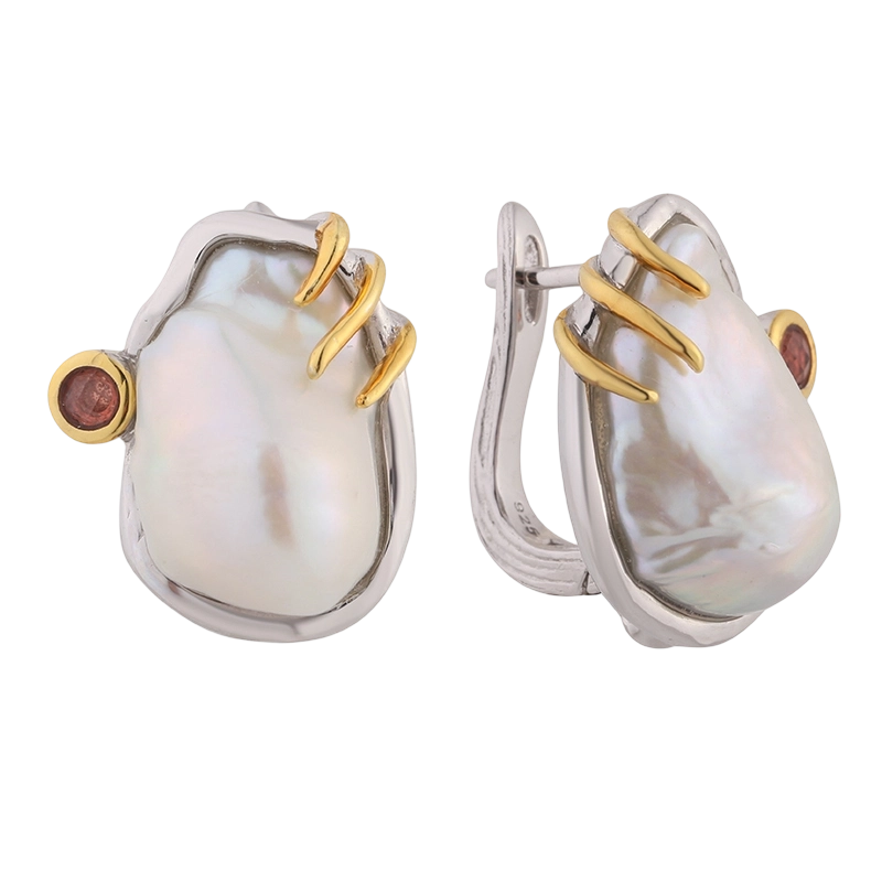 YE03283 Brinco de Prata de Lei 925 com Granada e P&eacute;rola Barroca